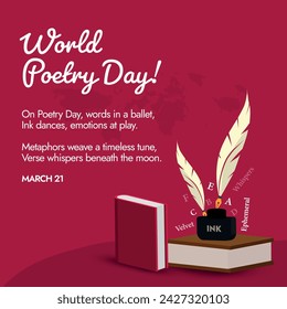 World Poetry Day. March 21, World Poetry day celebration banner in dark maroon background with silhouette world map, ink pot, quill pen and books. Poetry day celebration literature importance concept.