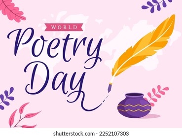 World Poetry Day on March 21 Illustration with a Quill, Paper or Typewriter for Web Banner or Landing Page in Flat Cartoon Hand Drawn Templates