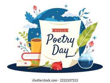 World Poetry Day on March 21 Illustration with a Quill, Paper or Typewriter for Web Banner or Landing Page in Flat Cartoon Hand Drawn Templates