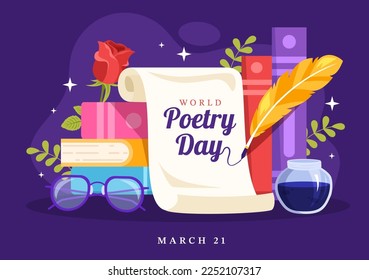 World Poetry Day on March 21 Illustration with a Quill, Paper or Typewriter for Web Banner or Landing Page in Flat Cartoon Hand Drawn Templates