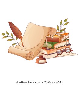 World Poetry Day on March 21. Vector illustration with a Quill, Paper, stack of books, ink, open scroll, glasses. Colorful illustration for design, decoration. Bookstore, literature concept.