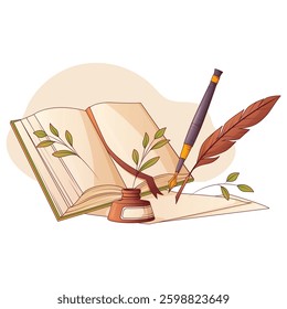 Dia Mundial da Poesia em 21 de março. Ilustração vetorial com um Quill, papel, livro aberto, tinta. Ilustração desenhada à mão colorida para design, decoração. Livraria, conceito de literatura.