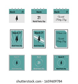 World Poetry Day. Day of poets and writers. Thematic pictures by March 21. Calendar sheet, poster on the wall, square stamp. Isolated illustration on white background. Flat style. Vector stock image