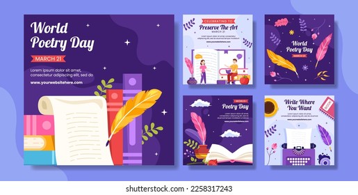 World Poetry Day Social Media Post with Paper and Quill Flat Cartoon Hand Drawn Templates Illustration