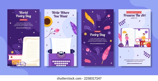 World Poetry Day Social Media Stories with Paper and Quill Flat Cartoon Hand Drawn Templates Illustration