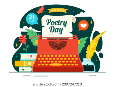 World Poetry Day Vector Illustration on March 21 with a Quill, Ink, Paper, Typewriter and Book to Writing in Literature Flat Cartoon Background