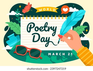 World Poetry Day Vector Illustration on March 21 with a Quill, Ink, Paper, Typewriter and Book to Writing in Literature Flat Cartoon Background