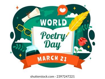 World Poetry Day Vector Illustration on March 21 with a Quill, Ink, Paper, Typewriter and Book to Writing in Literature Flat Cartoon Background