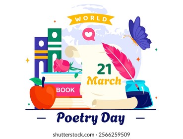 World Poetry Day Vector Illustration on March 21 featuring Writing Tools, Typewriter and Literature in a Flat Style Cartoon Background