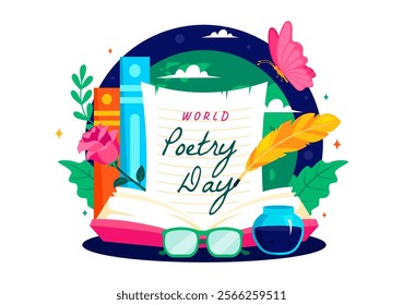 World Poetry Day Vector Illustration on March 21 featuring Writing Tools, Typewriter and Literature in a Flat Style Cartoon Background