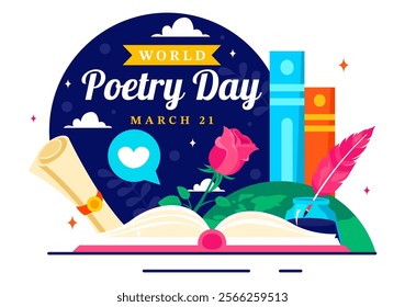 World Poetry Day Vector Illustration on March 21 featuring Writing Tools, Typewriter and Literature in a Flat Style Cartoon Background