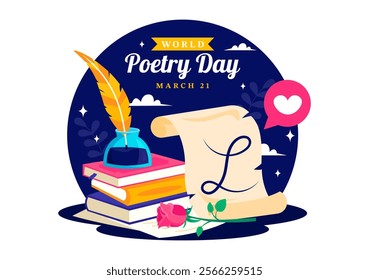 World Poetry Day Vector Illustration on March 21 featuring Writing Tools, Typewriter and Literature in a Flat Style Cartoon Background