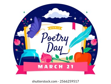 World Poetry Day Vector Illustration on March 21 featuring Writing Tools, Typewriter and Literature in a Flat Style Cartoon Background