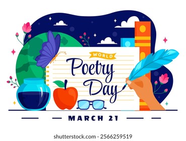 World Poetry Day Vector Illustration on March 21 featuring Writing Tools, Typewriter and Literature in a Flat Style Cartoon Background