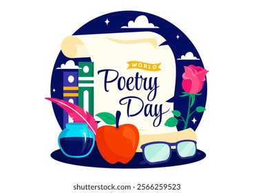 World Poetry Day Vector Illustration on March 21 featuring Writing Tools, Typewriter and Literature in a Flat Style Cartoon Background