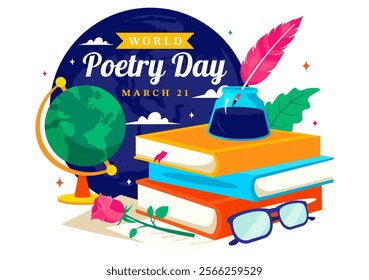 World Poetry Day Vector Illustration on March 21 featuring Writing Tools, Typewriter and Literature in a Flat Style Cartoon Background