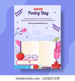 Vertikales Poster des Weltpoetry-Tages mit Papier und handgezeichneten Cartoon-Vorlagen, Illustration