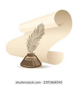 World Poetry Day, Writer's Day. A roll of parchment and an inkwell with a feather. Illustration, vector