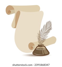 Día Mundial de la Poesía, Día del Escritor. Un rollo de pergamino y un tintero con una pluma. Ilustración, vector