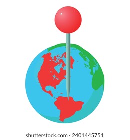 World pointer icon isometric vector. Planet earth globe with red gps pin icon. Location determination, navigation