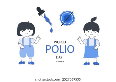 Vektorbanner zum Weltpoliotag. Nette lustige Kinder auf pastellfarbenem Hintergrund. Doodle Vektor flache Cartoon-Illustration für Informationsflyer, Poster.