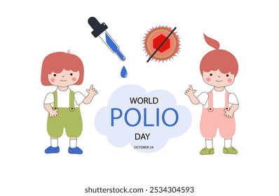 Anuncio del Vector del Día Mundial contra la Poliomielitis. Niños divertidos lindos sobre fondo pastel. Ilustración plana de dibujos animados de Vector Doodle para folletos informativos, carteles.