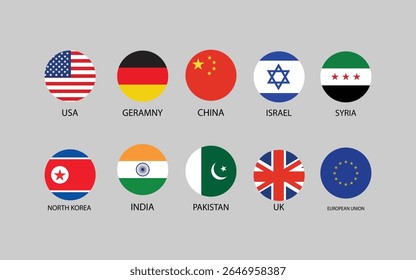 World Political Flag Icon Set - Símbolos de País Redondo para Assuntos Globais e Gráficos de Notícias