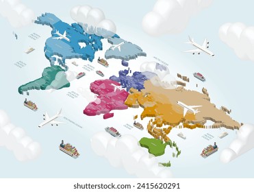 World political map with airplanes, ships and clouds. Isometric 3d vector illustration