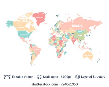 World political map. Continental shapes and national borders. Vector template easy to edit.