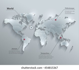 World political map glass card paper 3D vector individual states separate