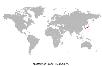 World political map highlighted japan in pink color vector illustration. Asian country.