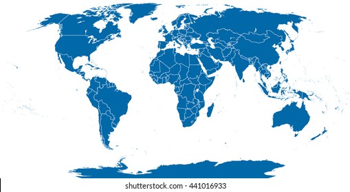 World political map outline. Detailed map of the world with shorelines and national borders under the Robinson projection. Blue illustration on white background.