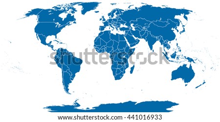 World political map outline. Detailed map of the world with shorelines and national borders under the Robinson projection. Blue illustration on white background.