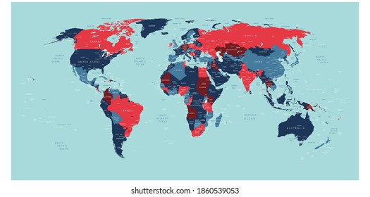 World political vector detailed map in modern colors