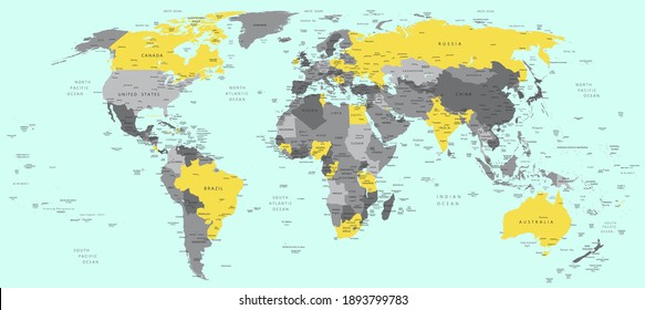 Mapa detallado del vector político mundial en colores modernos del año 2021: Gris último e amarillo luminoso