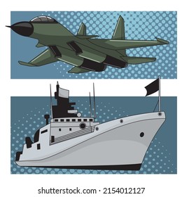 World political war concept. Vector Illustration warships with an aircraft carrier and jets.