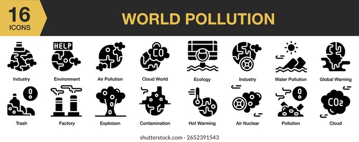 Conjunto de ícones sólidos de Poluição Mundial. Coleção Editável De Ícones De Traçado. Inclui mundo, ecologia, ambiente, poluição, terra e muito mais. Coleção vetorial de ícones sólidos.