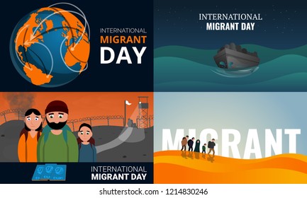 World poor migration syrian banner set. Cartoon illustration of world poor migration syrian vector banner set for web design