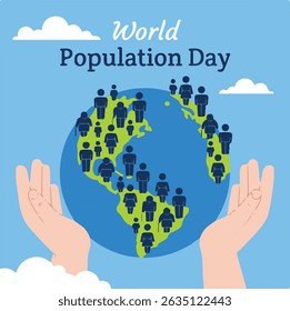 Consciência da população mundial - Ilustração plana moderna para a campanha social - Humanidade em harmonia - Pessoas de mãos dadas ao redor do vetor da Terra - Comunidade global pacífica - Vetor do Dia Mundial da População