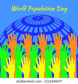 World Population Day. 11 July. Concept of a world holiday. Hands of different colors stretch. Symbolic image Planet Earth. Event name