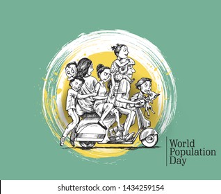 World Population Day, 11 July, Happy with his family sitting on scooter- Hand Drawn Sketch Vector illustration.