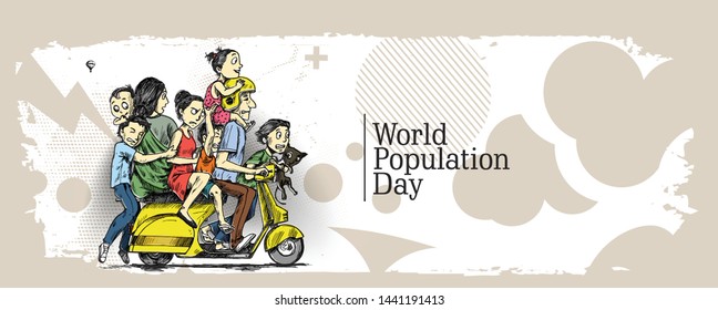 World Population Day, 11 July, Happy with his family sitting on scooter- Hand Drawn Sketch Vector illustration.