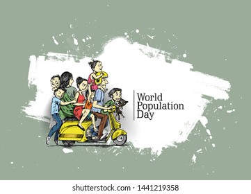 World Population Day, 11 July, Happy with his family sitting on scooter- Hand Drawn Sketch Vector illustration.