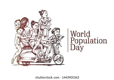 World Population Day, 11 July, Happy with his family sitting on scooter- Hand Drawn Sketch Vector illustration.