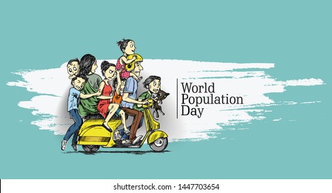 World Population Day, 11 July, Happy with his family sitting on scooter- Hand Drawn Sketch Vector illustration.
