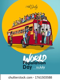 World Population Day, 11 July, crowd in the bus- Hand Drawn Sketch Vector illustration.Poster Or banner Vector illustration.