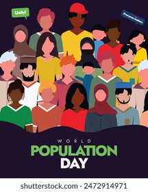 Día Mundial de la Población. 11 de julio Anuncio de celebración del Día Mundial de la Población, post con multitud de personas de diferentes etnias. El día se centra en las políticas y la planificación para controlar los problemas de población. 