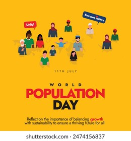 Día Mundial de la Población. 11 de julio Día Mundial de la Población Anuncio de celebración con personas de diferentes edades, religiones, etnias, siluetas mapa del mundo sobre fondo amarillo oscuro. 