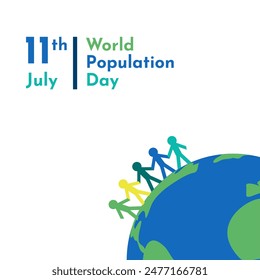 World Population Day 11th July. A group of people from different colors standing above the globe Illustration.
