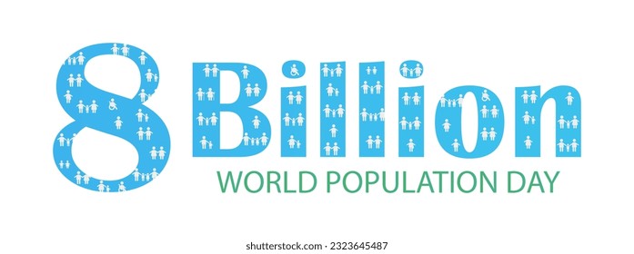 World population day background. 8 Billion typography with abstract people icons of various age and gender. Vector illustration isolated on white backdrop